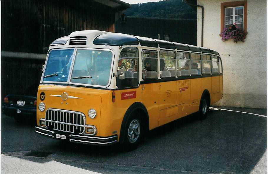 (025'933) - Lambach, M�riken - AG 14'703 - FBW/FHS (ex Hotz, Rickenbach bei Wil/TG; ex P 24'079; ex P 21'579) am 5. September 1998 in Hottwil, Gasthof zum B�ren