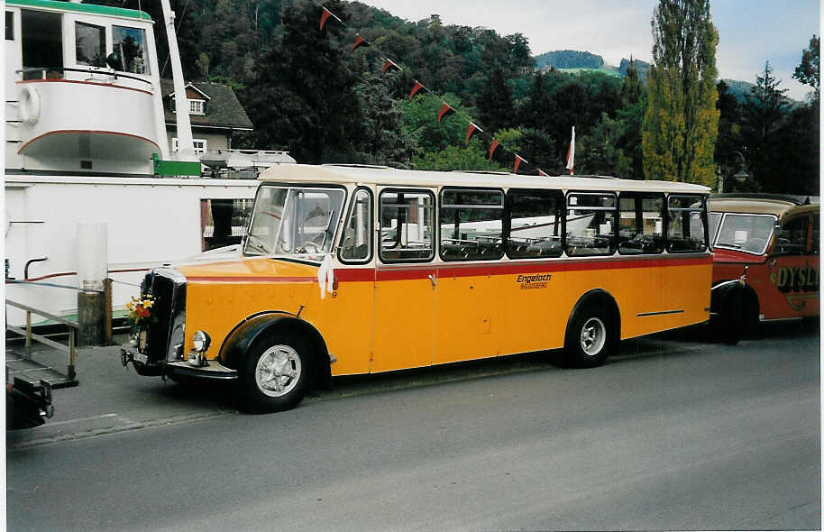 (037'210) - Engeloch, Riggisberg - Nr. 9/BE 40'370 - Saurer/R&J (ex Nr. 2) am 2. Oktober 1999 bei der Schiffl�ndte Thun