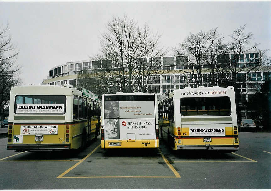 (058'716) - STI Thun - Nr. 58/BE 413'458 - Saurer/R&J + Nr. 87/BE 572'087 - MAN + Nr. 52/BE 396'552 - Saurer/R&J am 16. Februar 2003 bei der Schiffl�ndte Thun