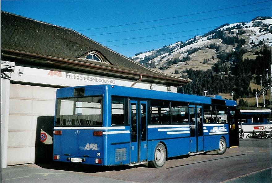 (104'706) - AFA Adelboden - Nr. 34/BE 263'015 - Mercedes (ex Nr. 17; ex Fr�hlich, Z�rich Nr. 603; ex VBZ Z�rich Nr. 682) am 24. Februar 2008 beim Bahnhof Frutigen