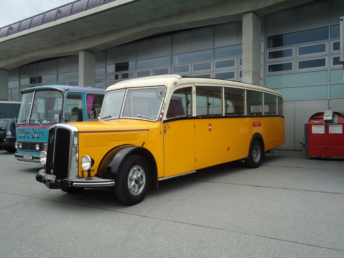 (129'941) - Baumgartner, Horn - Nr. 2/BE 112'580 - Saurer/Saurer (ex Montegazzi, Riva San Vitale; ex AMSA Chiasso Nr. 20; ex OAK Wangen a.A. Nr. 10; ex P 23'082; ex P 2134) am 18. September 2010 in Breil, Milit�ranlage