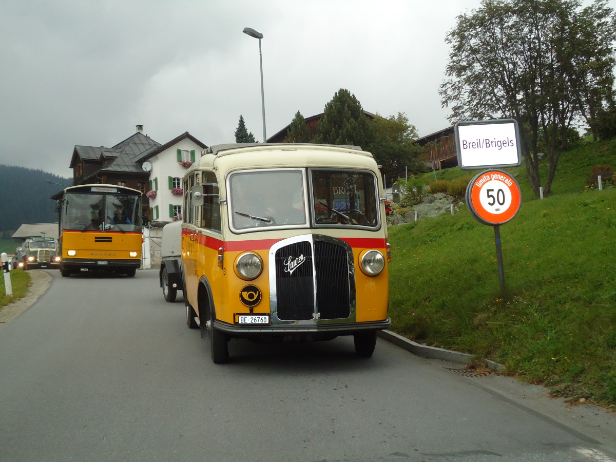 (130'052) - Schmid, Th�rishaus - Nr. 3/BE 26'760 - Saurer/Gangloff (ex Geiger, Adelboden Nr. 3) am 18. September 2010 in Breil, Ortstafel