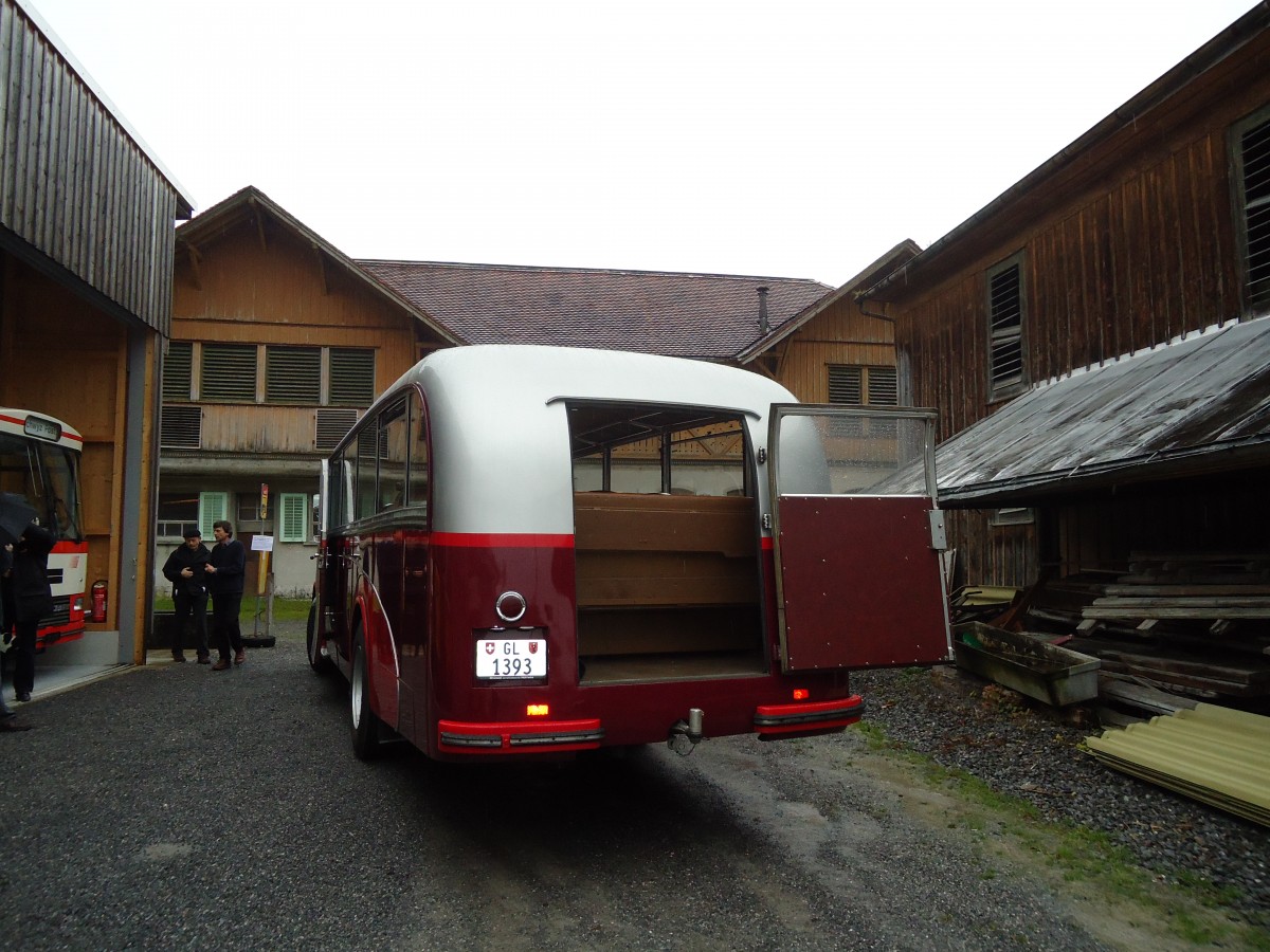 (130'804) - Biegger, Ziegelbr�cke - Nr. 2/GL 1393 - Saurer/Lauber (ex T�l�verbier, Verbier Nr. 2; ex Werkbus; ex Rey, Ayent) am 24. Oktober 2010 in Ziegelbr�cke, Museum