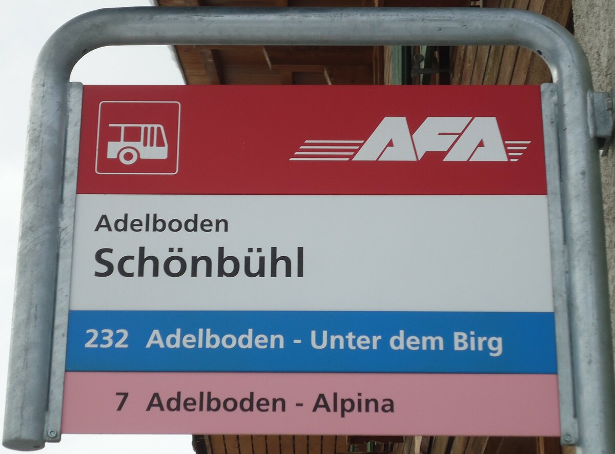 (131'130) - AFA-Haltestellenschild - Adelboden, Sch�nb�hl - am 28. November 2010
