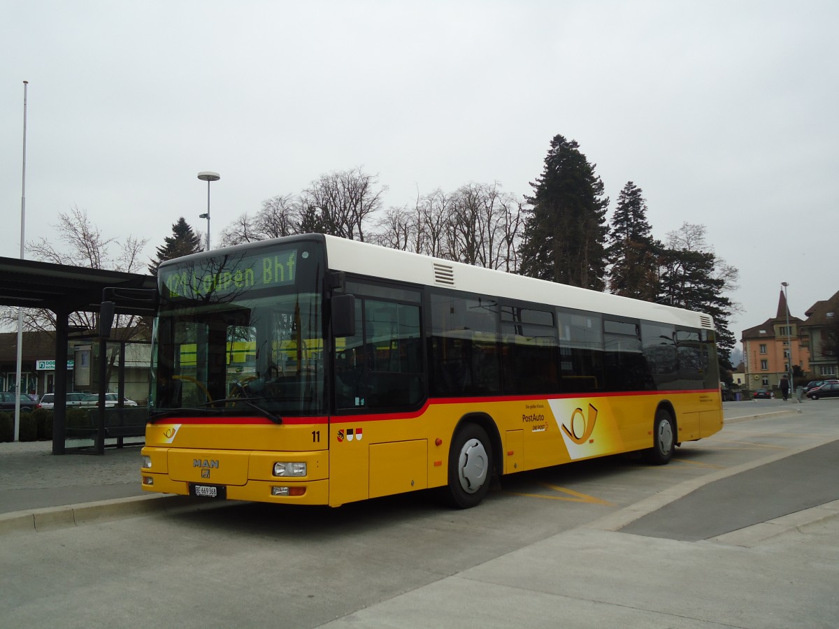 (132'731) - Klopfstein, Laupen - Nr. 11/BE 669'368 - MAN (ex STB Laupen Nr. 33) am 7. M�rz 2011 beim Bahnhof D�dingen