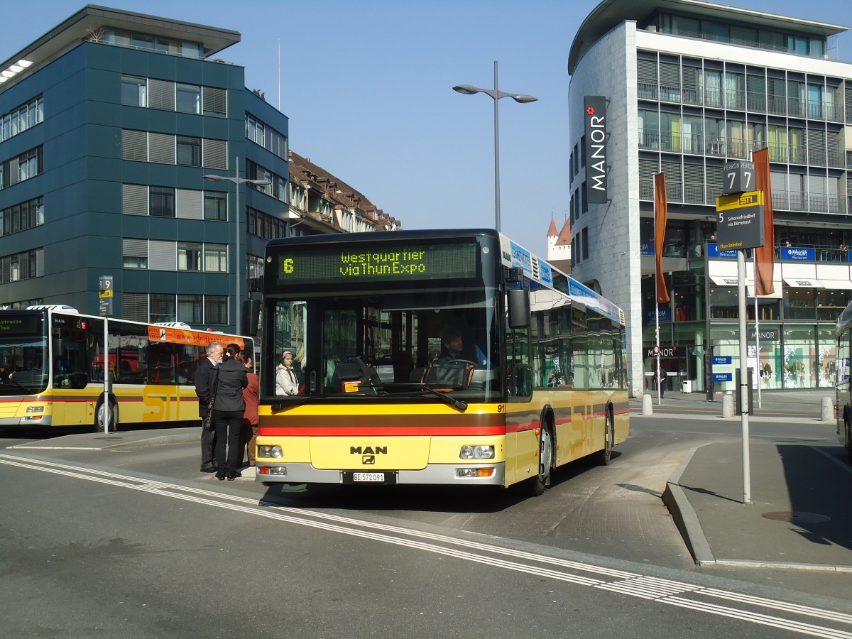 (132'767) - STI Thun - Nr. 91/BE 572'091 - MAN am 8. M�rz 2011 beim Bahnhof Thun