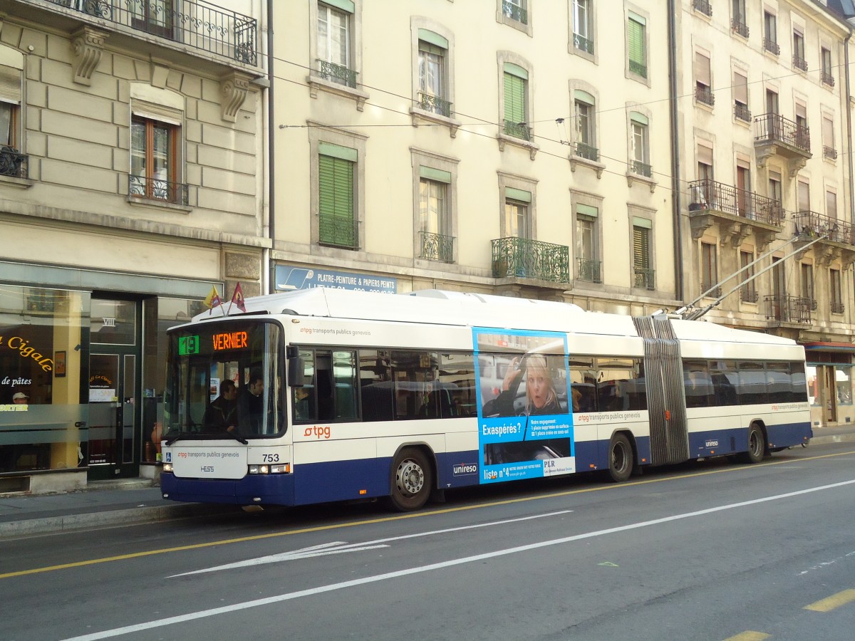 (132'856) - TPG Gen�ve - Nr. 753 - Hess/Hess Gelenktrolleybus am 10. M�rz 2011 in Gen�ve, Jonction