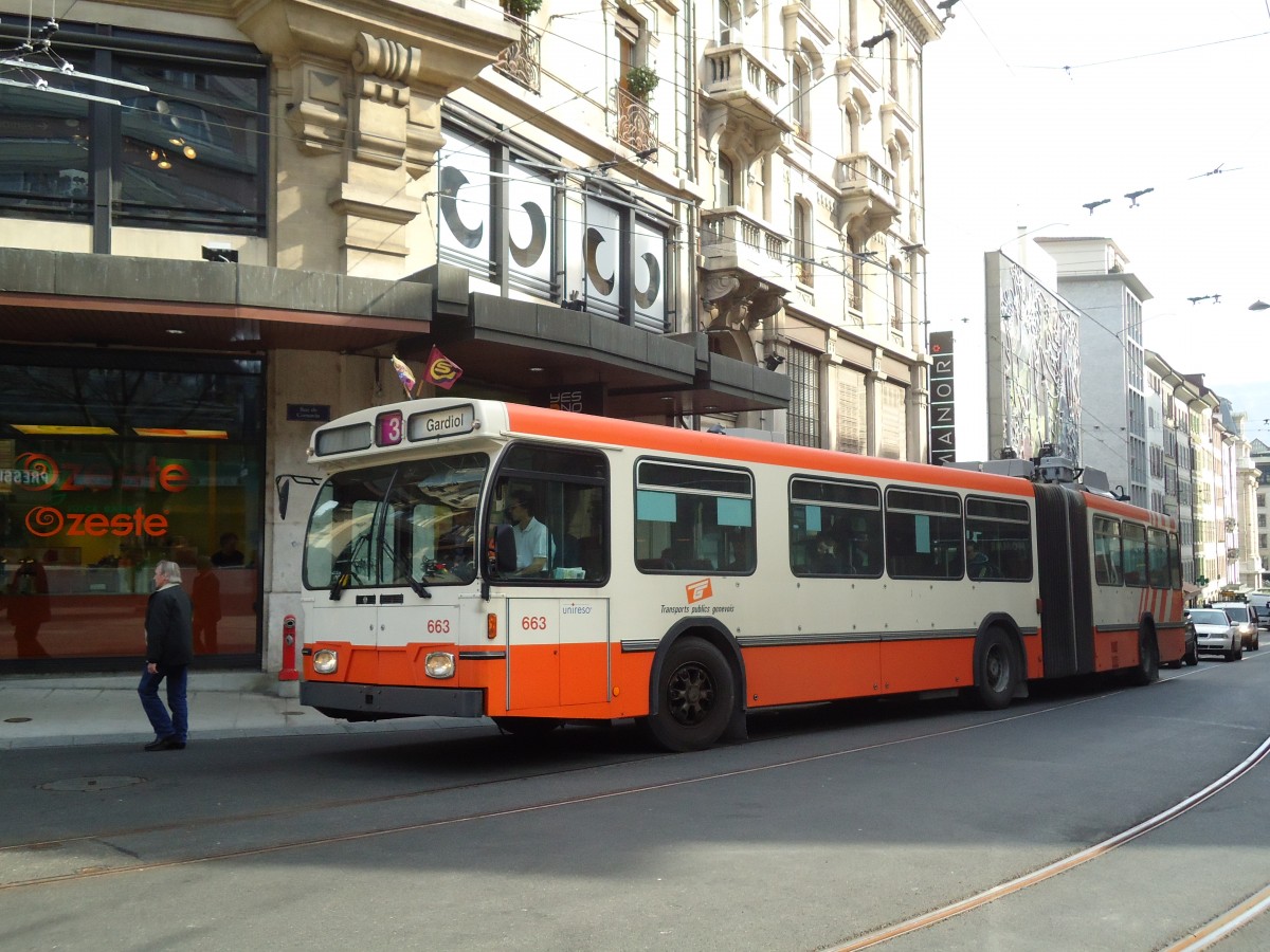 (132'895) - TPG Gen�ve - Nr. 663 - Saurer/Hess Gelenktrolleybus am 10. M�rz 2011 in Gen�ve, Coutance