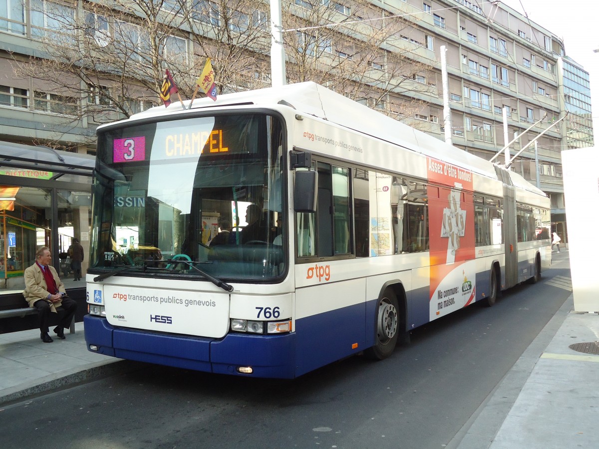 (132'920) - TPG Gen�ve - Nr. 766 - Hess/Hess Gelenktrolleybus am 10. M�rz 2011 in Gen�ve, Coutance