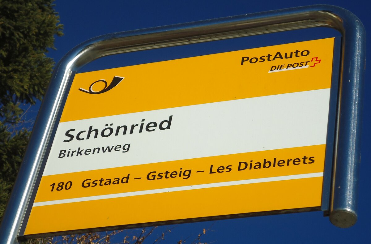 (137'012) - PostAuto-Haltestellenschild - Sch�nried, Birkenweg - am 25. November 2011