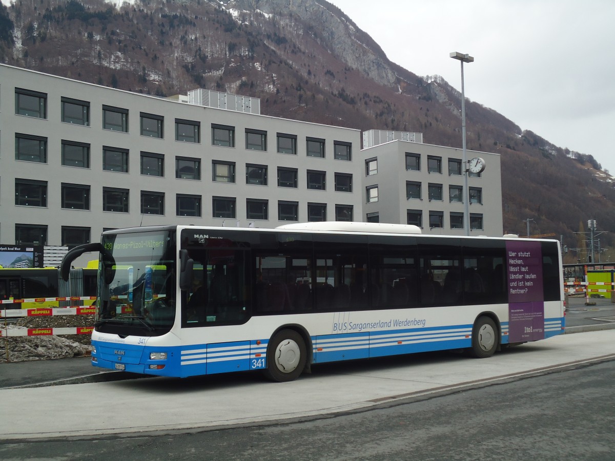 (137'947) - BSW Sargans - Nr. 341/SG 297'514 - MAN am 5. M�rz 2012 beim Bahnhof Sargans