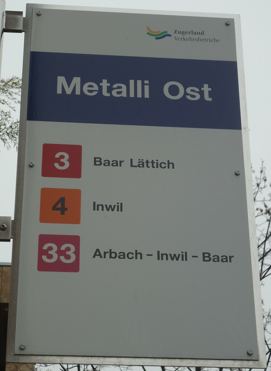 (137'996) - Zugerland Verkehrsbetriebe-Haltestellenschild - Zug, Metalli Ost - am 6. M�rz 2012