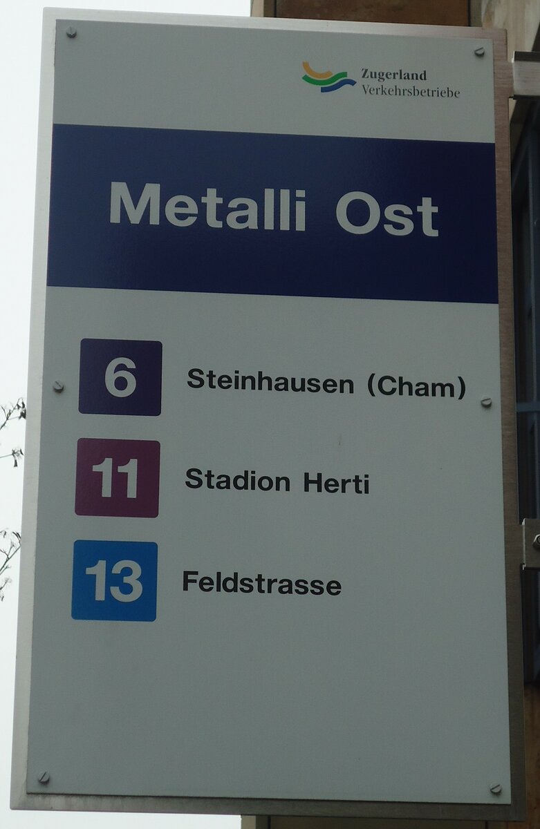 (137'997) - Zugerland Verkehrsbetriebe-Haltestellenschild - Zug, Metalli Ost - am 6. M�rz 2012