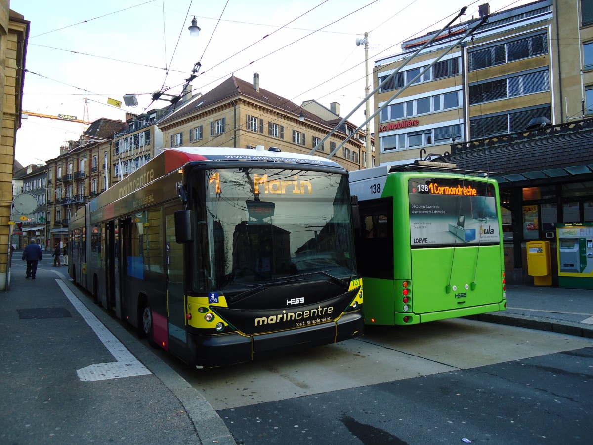 (142'733) - transN, La Chaux-de-Fonds - Nr. 131 - Hess/Hess Gelenktrolleybus (ex TN Neuch�tel Nr. 131) am 29. Dezember 2012 in Neuch�tel, Place Pury