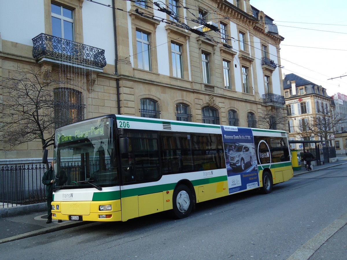 (142'738) - transN, La Chaux-de-Fonds - Nr. 206/NE 114'206 - MAN (ex TN Neuch�tel Nr. 206) am 29. Dezember 2012 in Neuch�tel, Place Pury