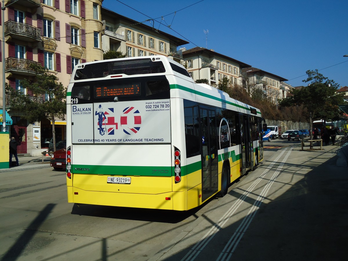 (143'282) - transN, La Chaux-de-Fonds - Nr. 219/NE 93'219 - Volvo (ex TN Neuch�tel Nr. 219) am 19. Februar 2013 beim Bahnhof Neuch�tel