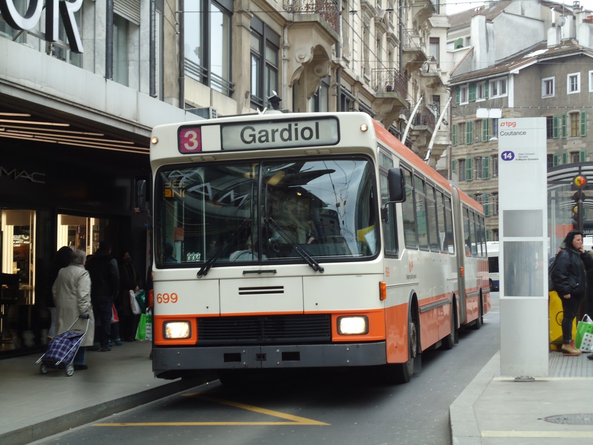 (143'386) - TPG Gen�ve - Nr. 699 - NAW/Hess Gelenktrolleybus am 22. Februar 2013 in Gen�ve, Coutance