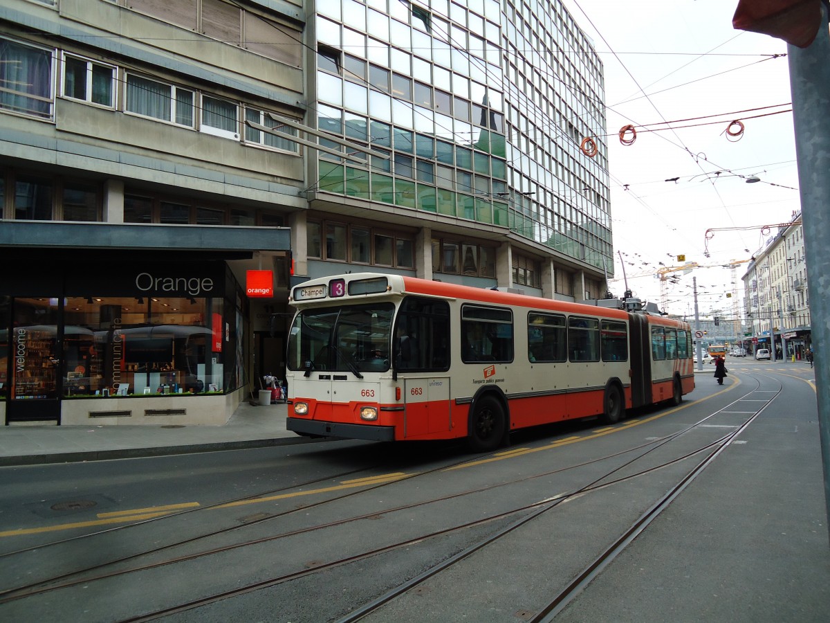 (143'388) - TPG Gen�ve - Nr. 663 - Saurer/Hess Gelenktrolleybus am 22. Februar 2013 in Gen�ve, Coutance