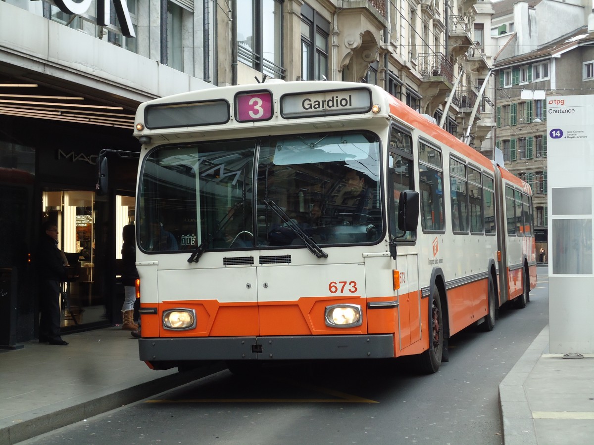 (143'389) - TPG Gen�ve - Nr. 673 - Saurer/Hess Gelenktrolleybus am 22. Februar 2013 in Gen�ve, Coutance