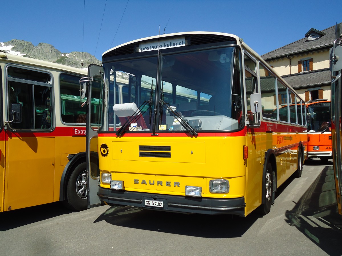 (145'834) - Keller, Niederwil - Nr. 4/SG Saurer/R&J (ex Keller, Hottwil Nr. 5; ex P 25'303; ex P 25'354) am 20. Juli 2013 in Gotthard, Passh�he