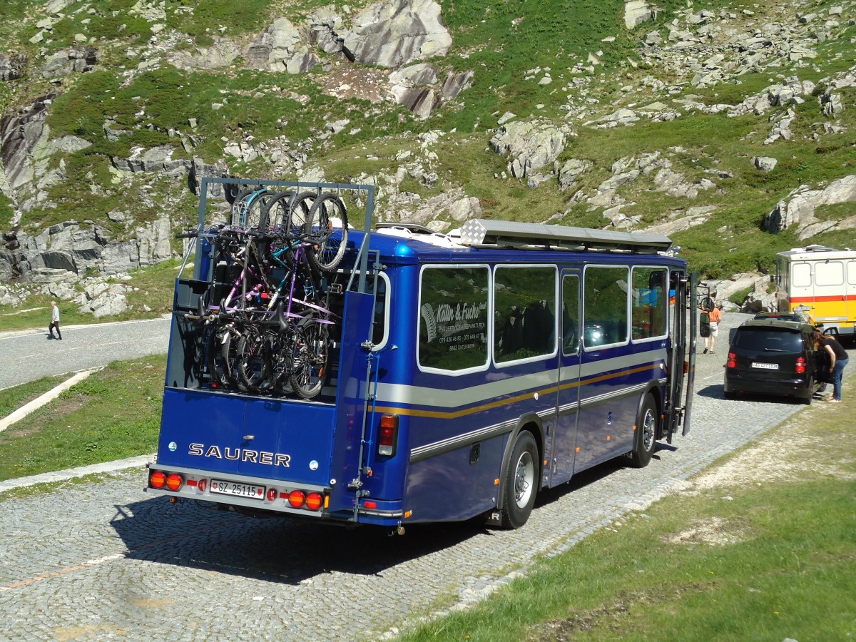 (145'861) - Steinauer, Einsiedeln - SZ 25'115 - Saurer/R&J (ex Albin, F�llanden; ex SBB Bern; ex Sol�r&Fontana, Ilanz; ex P 24'359) am 20. Juli 2013 in Gotthard, Alte Tremolastrasse