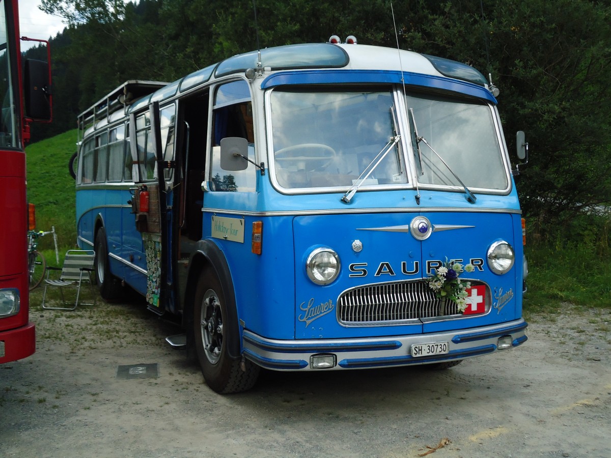 (146'342) - Bolliger, Stetten - SH 30'730 - Saurer/R&J (ex Sol�r+Fontana, Ilanz Nr. 8) am 17. August 2013 in Lenk, Metschbahnen  