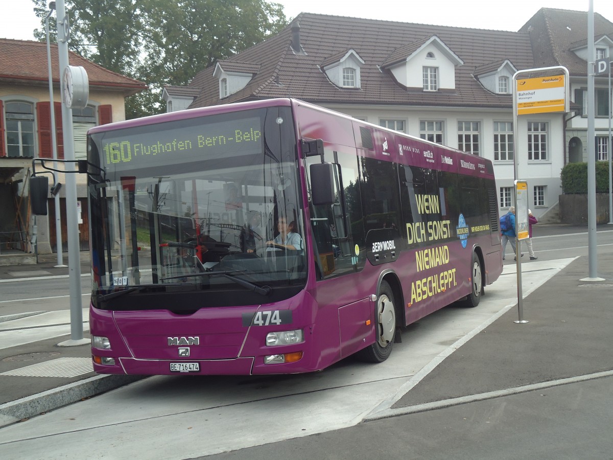 (147'437) - Bernmobil, Bern - Nr. 474/BE 716'474 - MAN/G�ppel (ex Peyer, Niederwangen Nr. 74) am 30. September 2013 beim Bahnhof M�nsingen