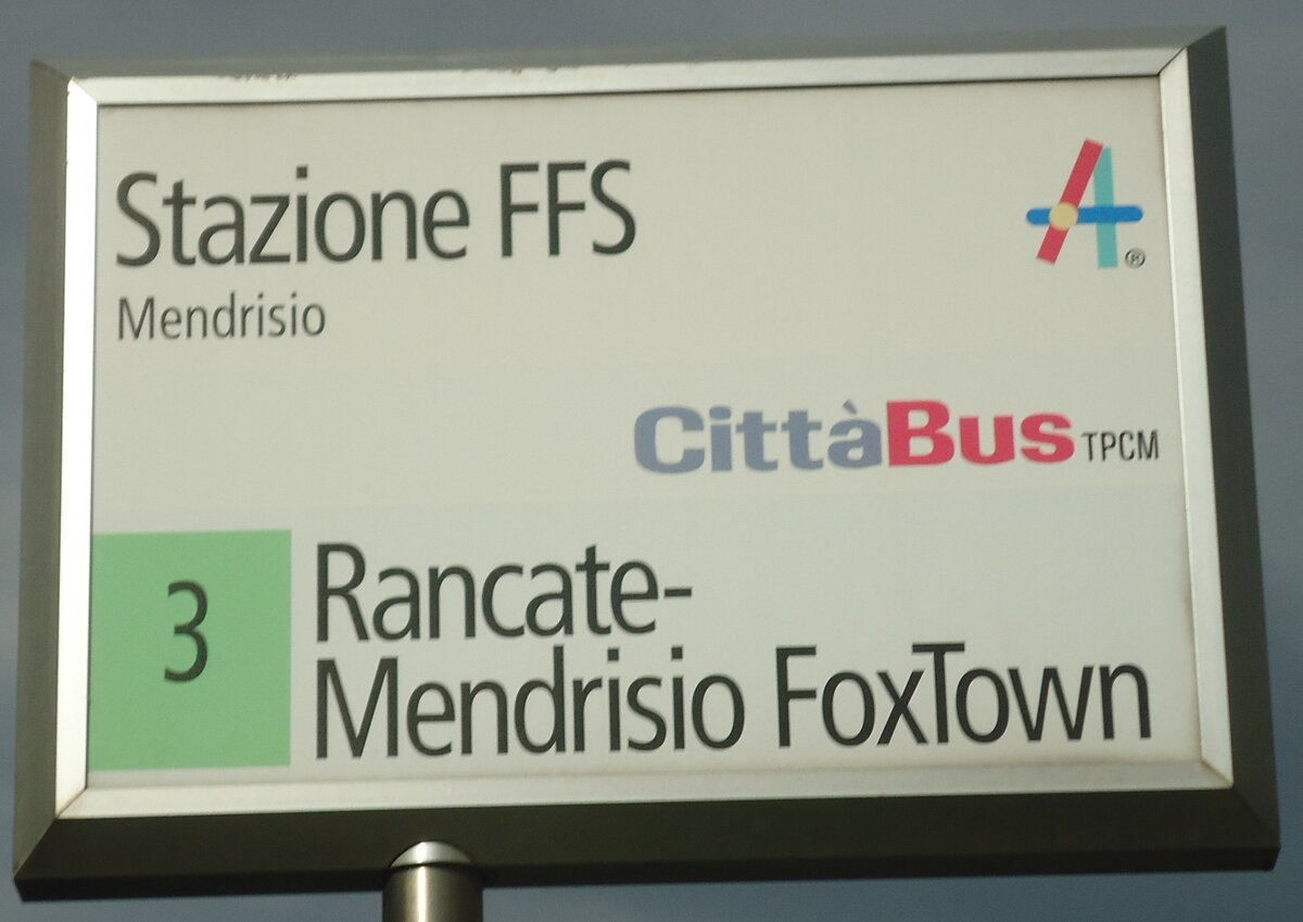 (147'846) - Citt�Bus-Haltestellenschild - Mendrisio, Stazione FFS - am 6. November 2013