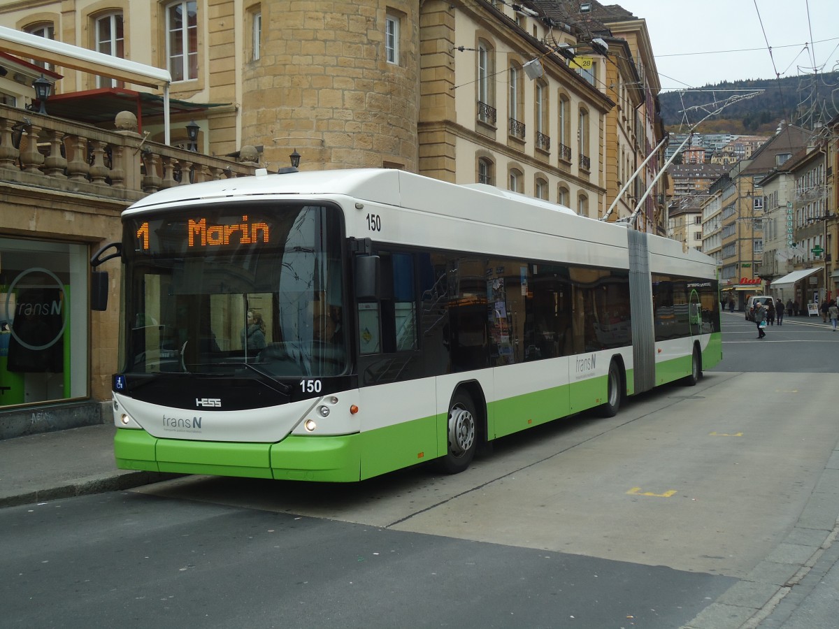(147'995) - transN, La Chaux-de-Fonds - Nr. 150 - Hess/Hess Gelenktrolleybus (ex TN Neuch�tel Nr. 150) am 8. November 2013 in Neuch�tel, Place Pury