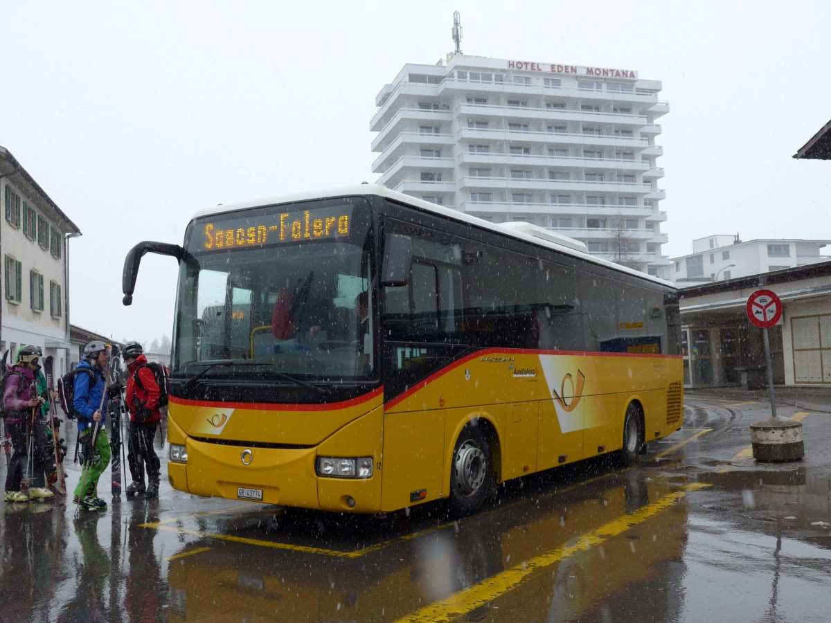 (149'047) - Fontana, Ilanz - Nr. 12/GR 43'774 - Irisbus am 1. M�rz 2014 beim Bahnhof Ilanz