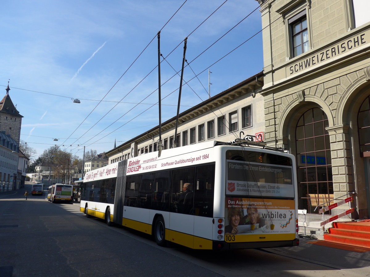 (149'403) - VBSH Schaffhausen - Nr. 103 - Hess/Hess Gelenktrolleybus am 29. M�rz 2014 beim Bahnhof Schaffhausen
