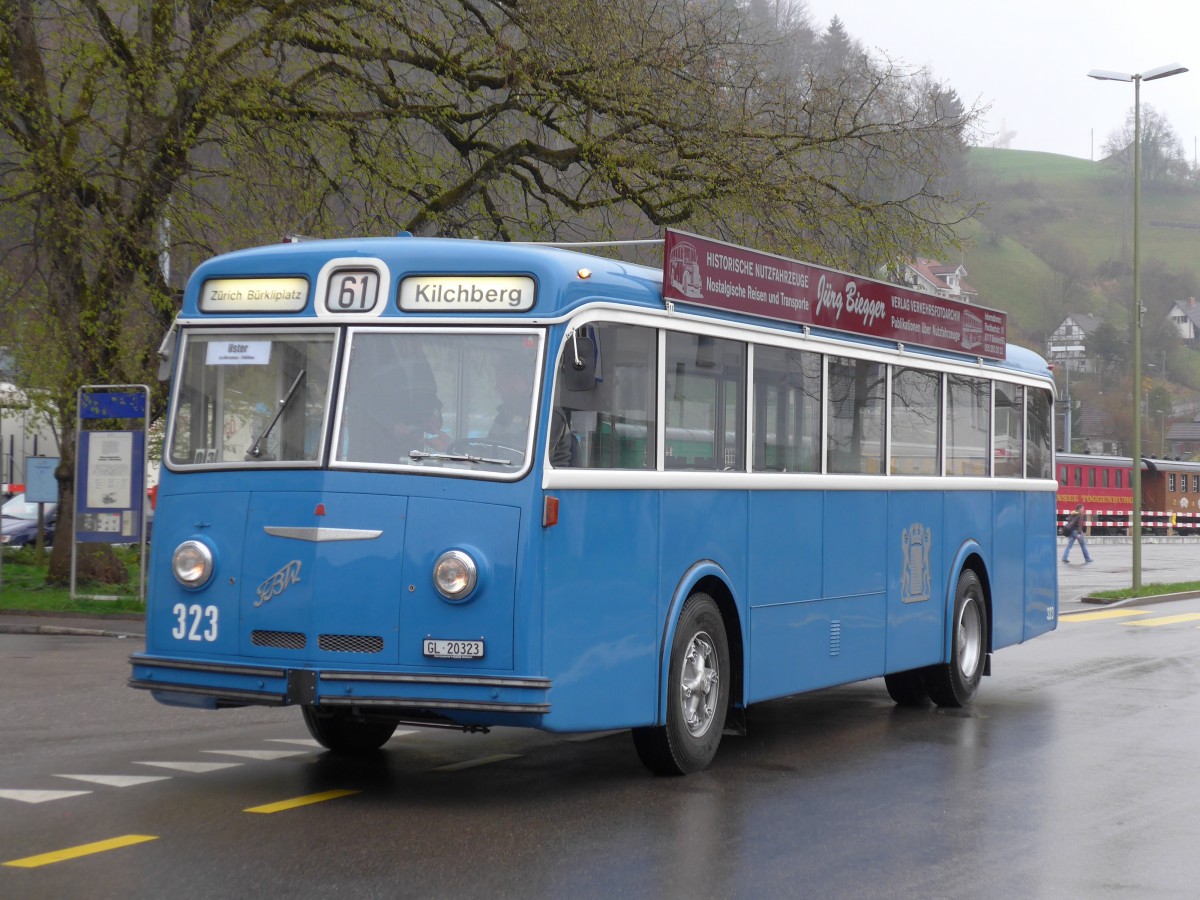 (149'566) - Biegger, Uster - Nr. 3/GL 20'323 - FBW/T�scher (ex DFB Andermatt; ex VBZ Z�rich Nr. 323) am 6. April 2014 beim Bahnhof Bauma