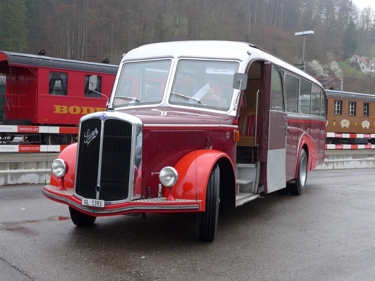 (149'579) - Biegger, Uster - Nr. 2/GL 1393 - Saurer/Lauber (ex T�l�verbier, Verbier Nr. 2; ex Werkbus; ex Rey, Ayent) am 6. April 2014 beim Bahnhof Bauma