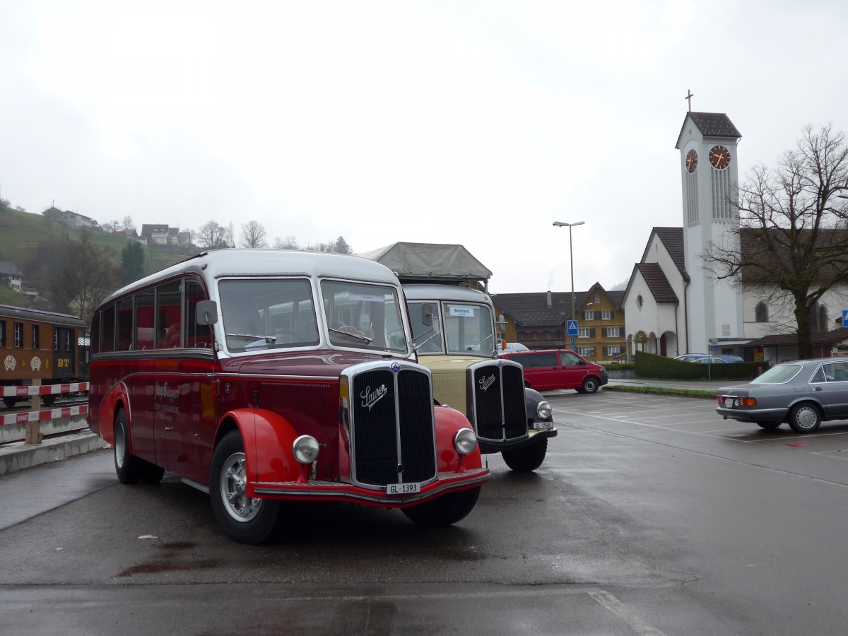 (149'586) - Biegger, Uster - Nr. 2/GL 1393 - Saurer/Lauber (ex T�l�verbier, Verbier Nr. 2; ex Werkbus; ex Rey, Ayent) am 6. April 2014 beim Bahnhof Bauma