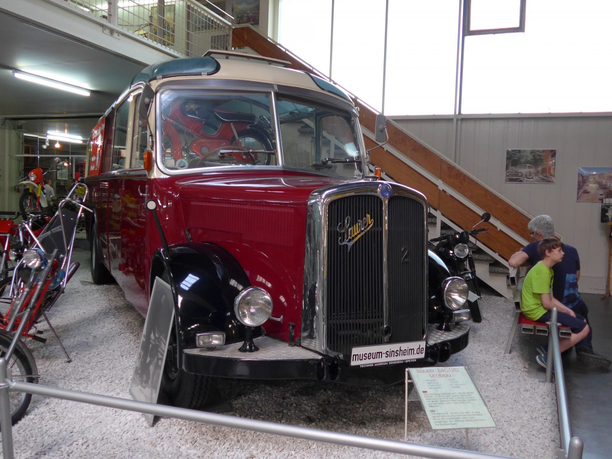 (149'957) - Museum, Sinsheim - Nr. 2 - Saurer/R&J (ex Renndienst-Fahrzeug; ex Sol�r&Fontana, Ilanz) am 25. April 2014 in Sinsheim, Museum