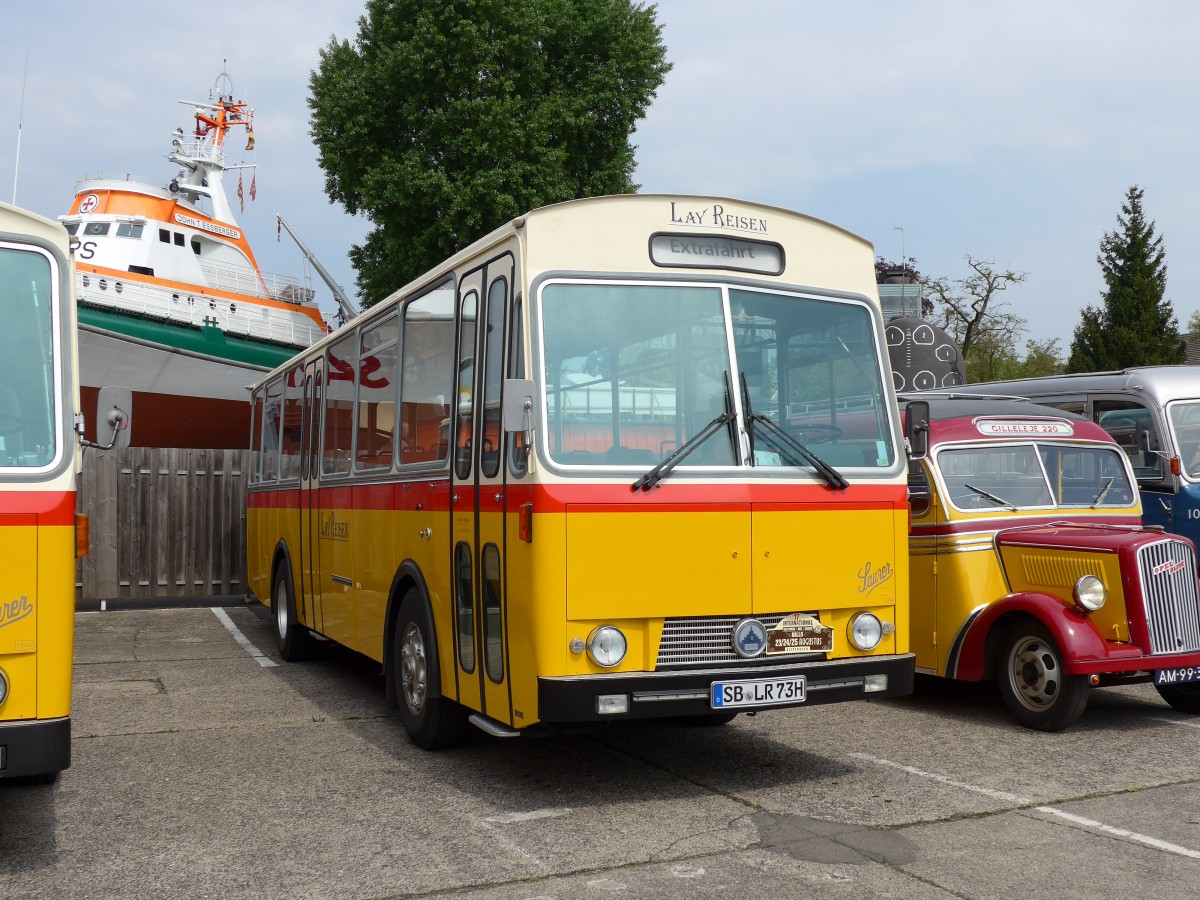 (150'269) - Lay Reisen, P�ttlingen - SB-LR 73H - Saurer/T�scher (ex Engel, D-Lollar; ex Demarmels, Salouf; ex P 24'655) am 26. April 2014 in Speyer, Technik-Museum