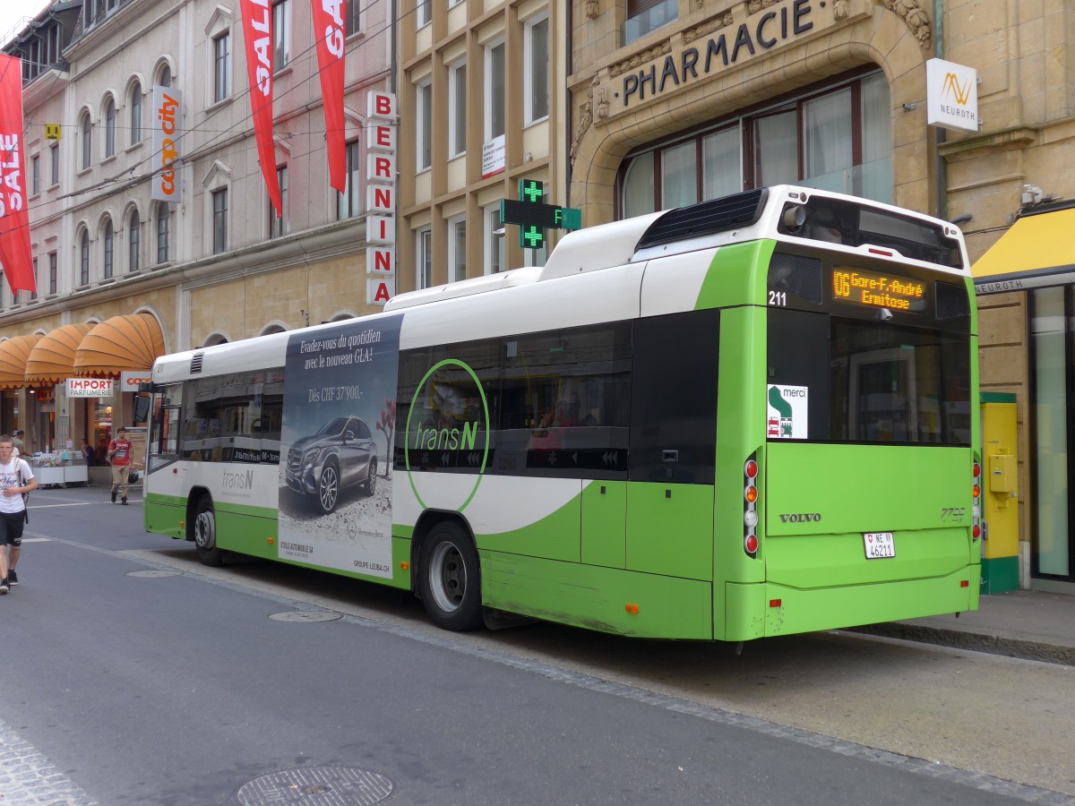 (151'492) - transN, La Chaux-de-Fonds - Nr. 211/NE 46'211 - Volvo (ex TN Neuch�tel Nr. 211) am 12. Juni 2014 in Neuch�tel, Place Pury