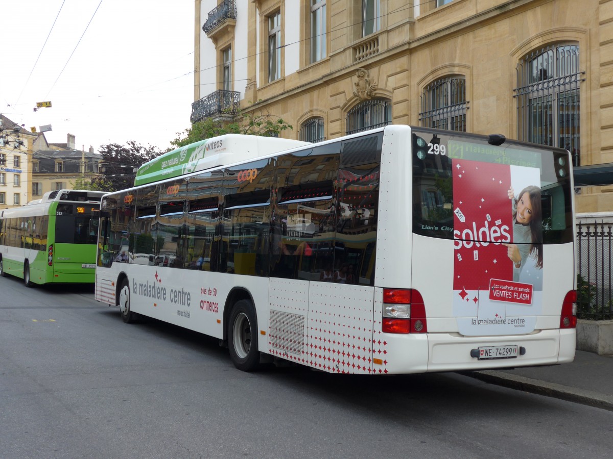 (151'496) - transN, La Chaux-de-Fonds - Nr. 299/NE 74'299 - MAN (ex TN Neuch�tel Nr. 299) am 12. Juni 2014 in Neuch�tel, Place Pury