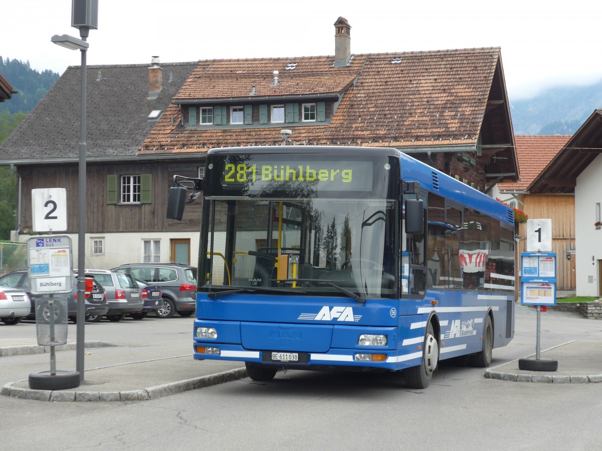 (153'476) - AFA Adelboden - Nr. 56/BE 611'030 - MAN/G�ppel am 27. Juli 2014 beim Bahnhof Lenk