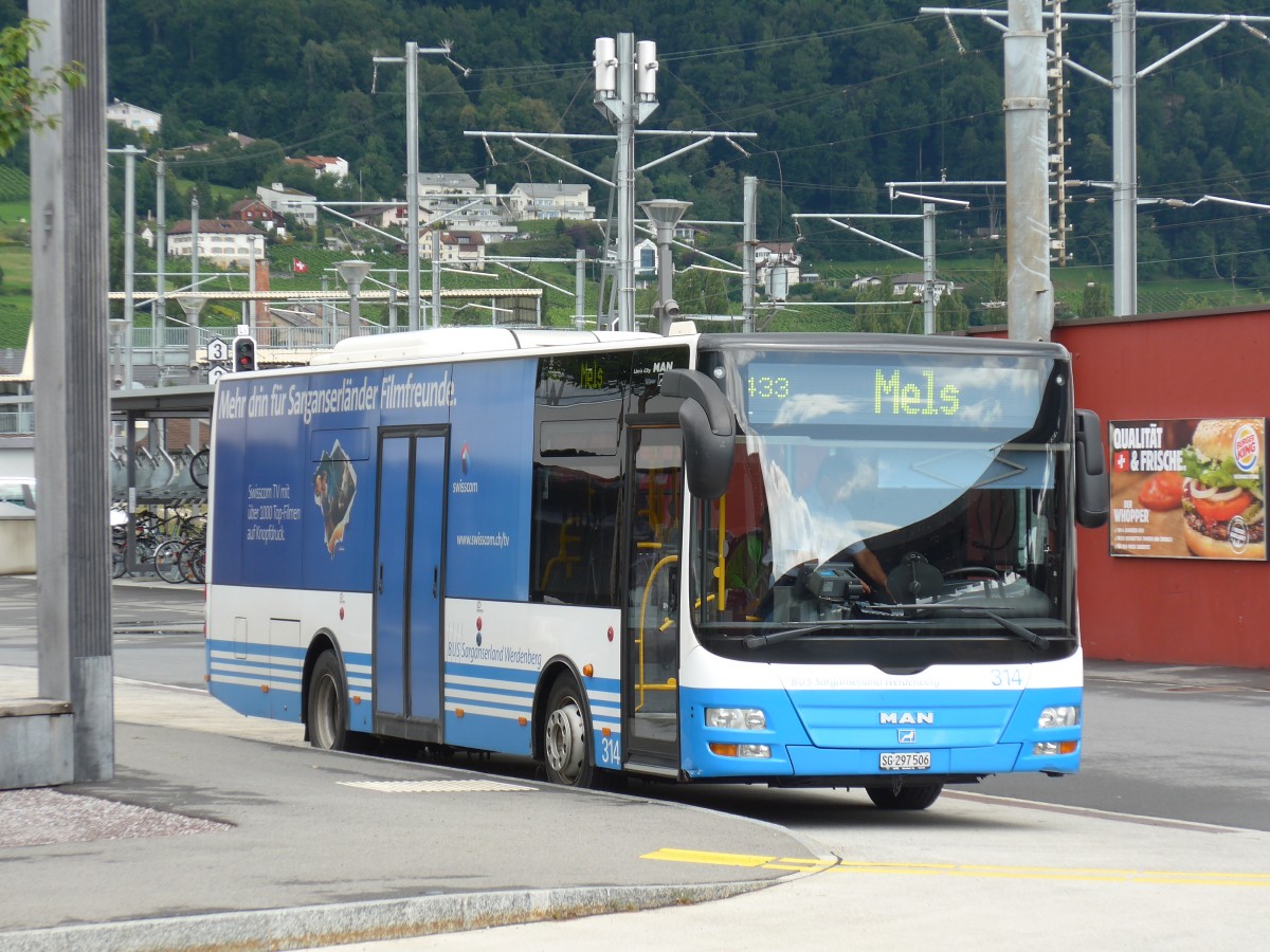 (153'752) - BSW Sargans - Nr. 314/SG 297'506 - MAN/G�ppel am 16. August 2014 beim Bahnhof Sargans