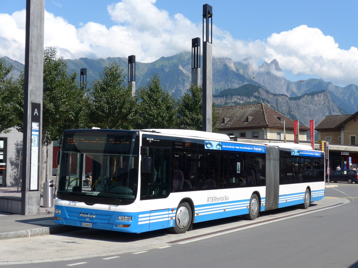 (154'355) - RTB Altst�tten - Nr. 9/SG 348'633 - MAN am 21. August 2014 beim Bahnhof Sargans (Einsatz BSW)