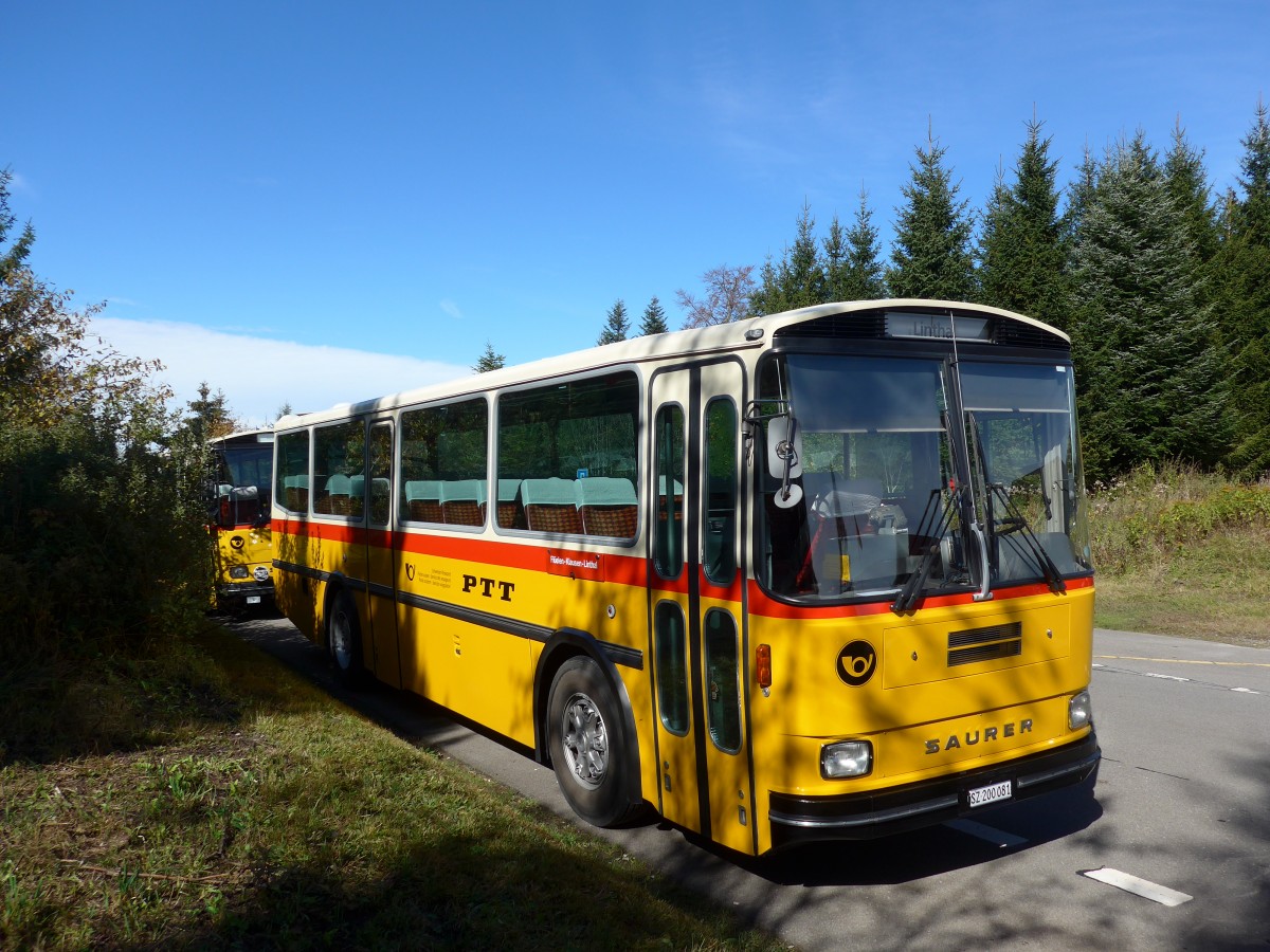(155'633) - Inkamp, Altendorf - SZ 200'081 - Saurer/T�scher (ex Koch, Giswil; ex Selfors, Meiringen; ex P 24'236) am 12. Oktober 2014 in Willerzell, Rest. Sattelegg