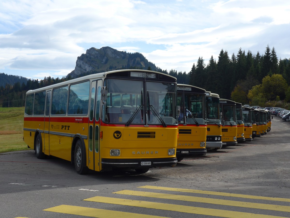 (155'653) - Inkamp, Altendorf - SZ 200'081 - Saurer/T�scher (ex Koch, Giswil; ex Selfors, Meiringen; ex P 24'236) am 12. Oktober 2014 in Willerzell, Rest. Sattelegg