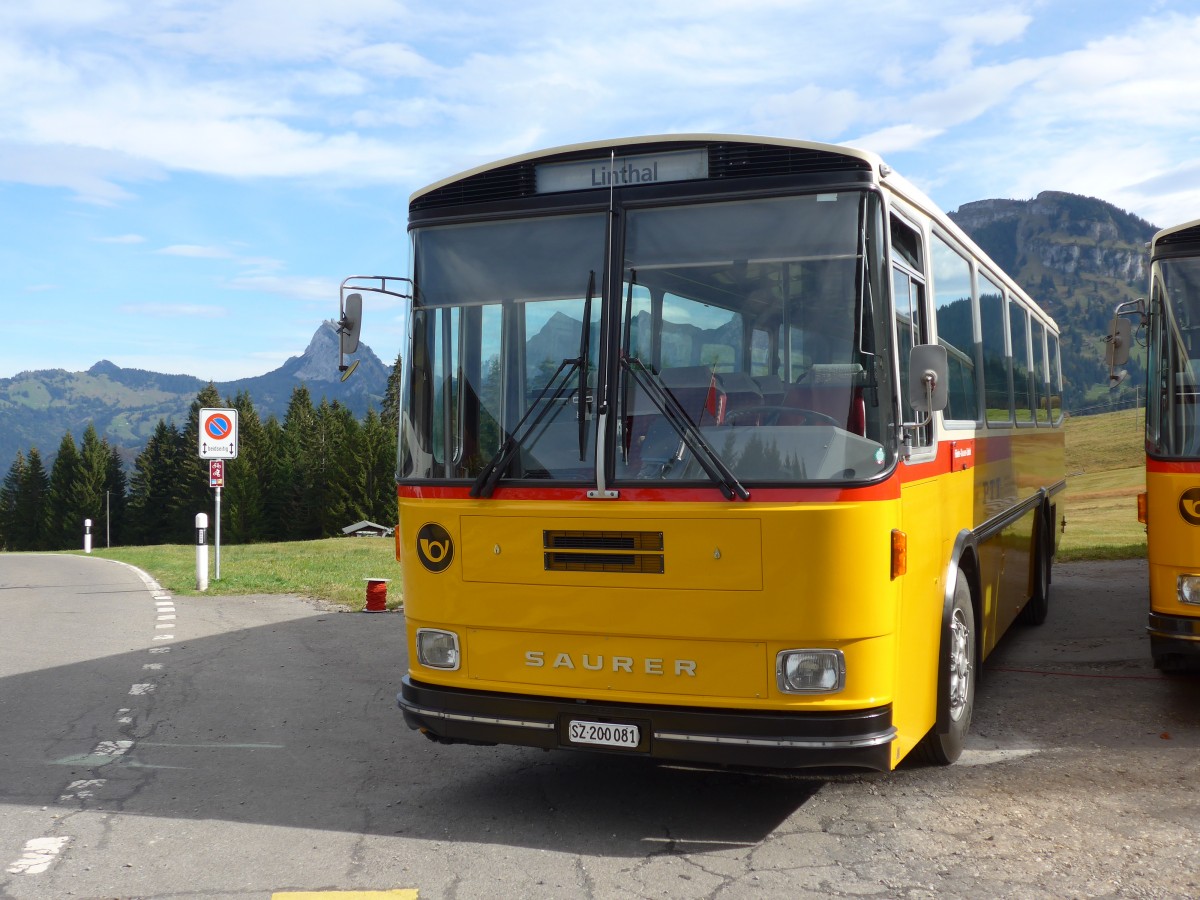 (155'664) - Inkamp, Altendorf - SZ 200'081 - Saurer/T�scher (ex Koch, Giswil; ex Selfors, Meiringen; ex P 24'236) am 12. Oktober 2014 in Willerzell, Rest. Sattelegg