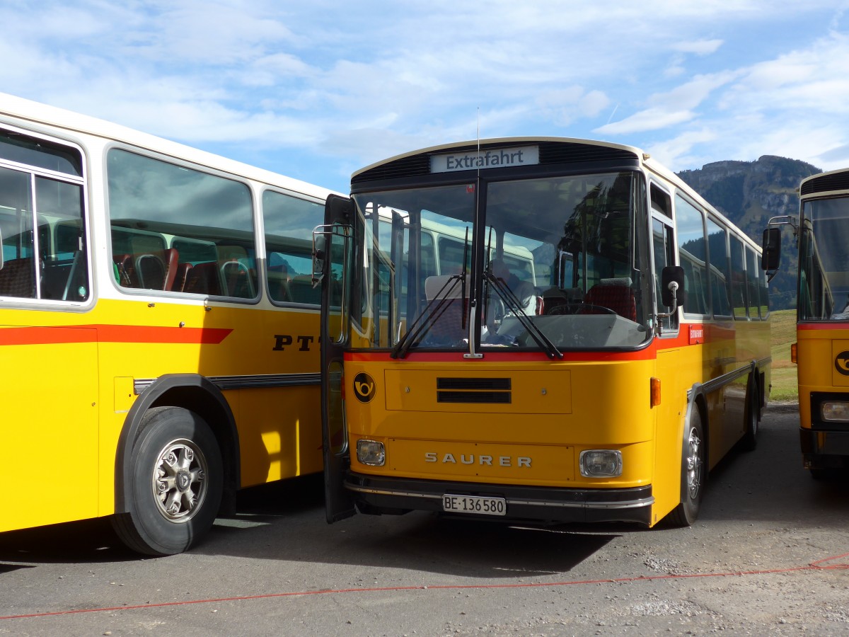 (155'665) - Schumacher, Liebefeld - BE 136'580 - Saurer/T�scher (ex Zimmermann, Niederwangen; ex P 24'289) am 12. Oktober 2014 in Willerzell, Rest. Sattelegg