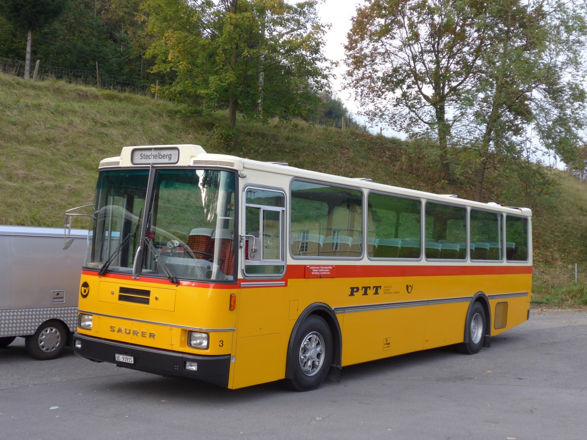 (155'685) - Kolb, Matten - Nr. 3/BE 93'915 - Saurer/R&J (ex Schmocker, Stechelberg Nr. 3; ex Nr. 1; ex Gertsch, Stechelberg Nr. 1) am 12. Oktober 2014 in K�ssnacht, Rest. Frohsinn