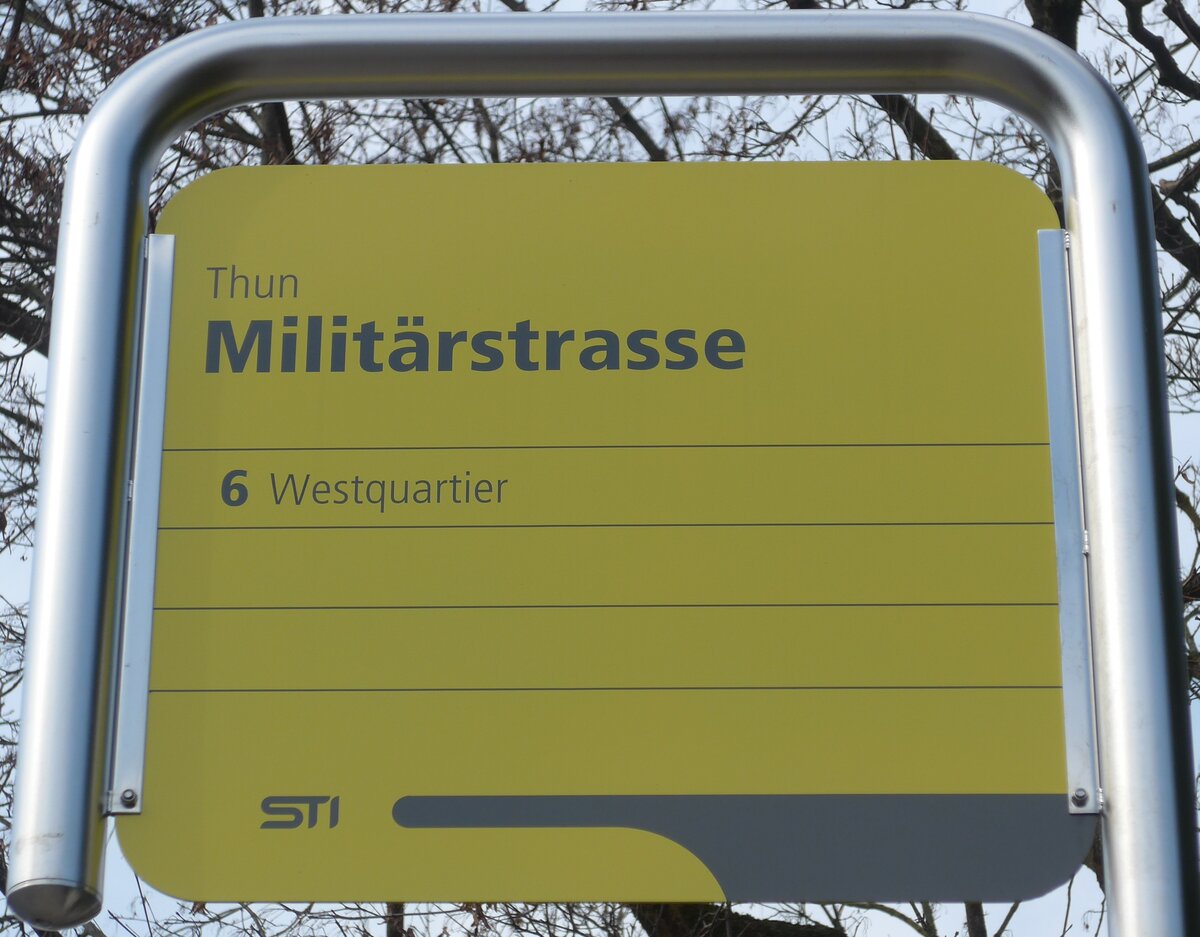 (159'174) - STI-Haltestellenschild - Thun, Milit�rstrasse - am 15. M�rz 2015