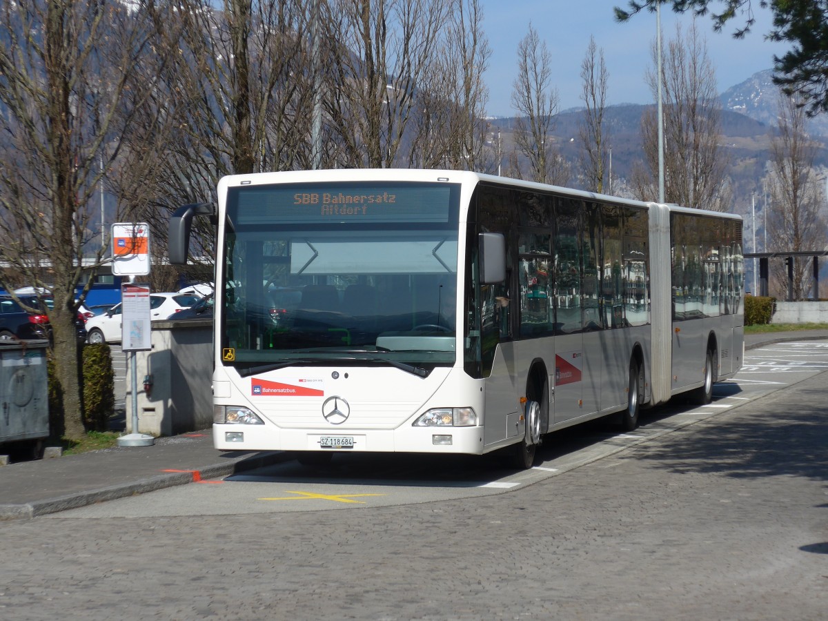 (159'308) - AAGS Schwyz - Nr. 84/SZ 118'684 - Mercedes (ex VR La Chaux-de-Fonds Nr. 228) am 18. M�rz 2015 beim Bahnhof Fl�elen