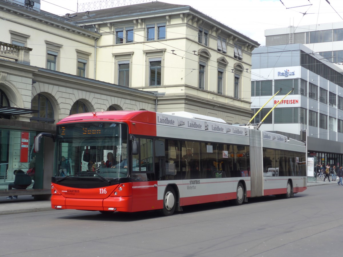 (159'465) - SW Winterthur - Nr. 116 - Hess/Hess Gelenktrolleybus am 27. M�rz 2015 beim Hauptbahnhof Winterthur