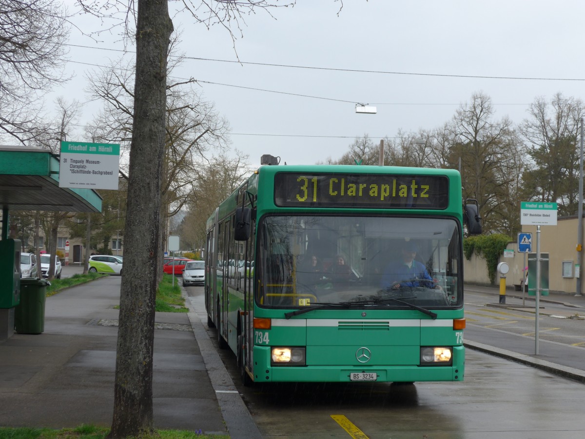 (159'782) - BVB Basel - Nr. 734/BS 3234 - Mercedes (ex VAG Freiburg/D Nr. 933) am 11. April 2015 in Riehen, Friedhof am H�rnli